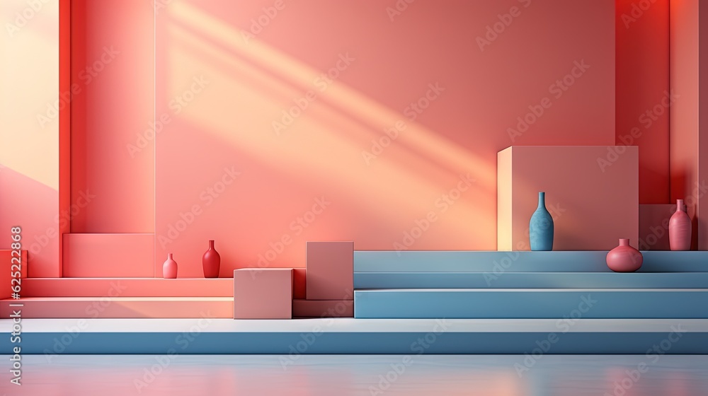 Poster a set of steps with vases on them in a room. generative ai