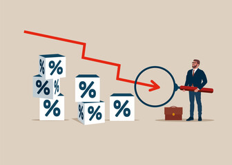 Businessman hold magnifying glass with percentage symbol icon. Interest downgrade hike due to inflation. Flat vector illustration. 