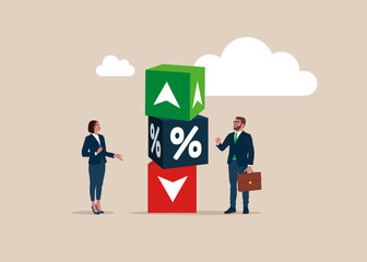 Business team connect cube block with percentage symbol icon. Interest, financial and mortgage rates. Vector illustration - obrazy, fototapety, plakaty