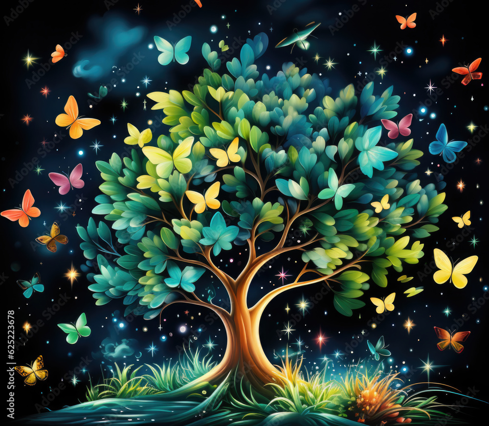 Poster a tree with many butterflies flying around it. generative ai.