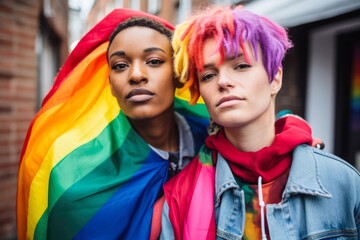 Closeup of gay, lesbian, genderless diverse people representing the diversity of the lgbtq community. Generative AI - obrazy, fototapety, plakaty