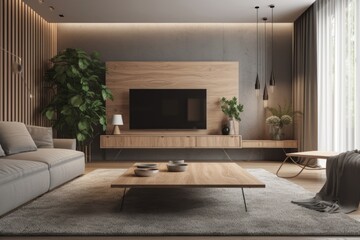 Fototapeta na wymiar 3d rendering loft scandinavian living room with sofa, table and tv