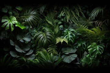 Naklejka na ściany i meble Lush tropical foliage: ferns, palms, philodendrons, and vibrant leaves, create a nature frame in a garden of black backdrop, a green variegated forest.