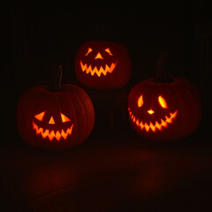Glowing eyes of Jack O' Lanterns on the left on a porch on Halloween night created with generative AI