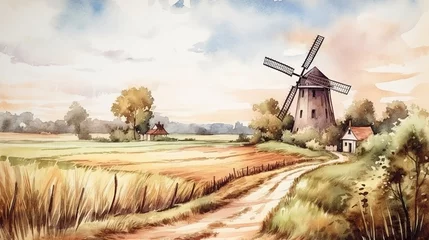 Rollo watercolor idyllic landscape countryside, field and windmill. generated ai © Маргарита Вайс