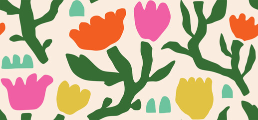 Hand drawn colored Vector Seamless Pattern. Background. Floral design, Abstract plants. Simple Various branches, Flowers and Leaves. Colorful trendy illustration. Naive art, Infantile Style Art.