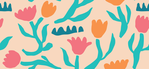 Hand drawn colored Vector Seamless Pattern. Background. Floral design, Abstract plants. Simple Various branches, Flowers and Leaves. Colorful trendy illustration. Naive art, Infantile Style Art.