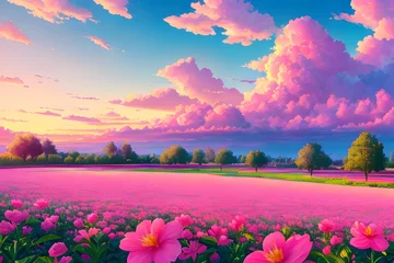 Zelfklevend Fotobehang An idyllic fantasy landscape in pink tones full of flowers. Generative Ai illustration. © pk74