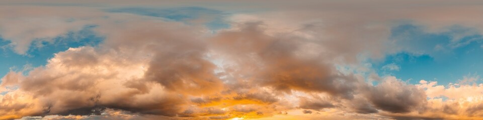 Dramatic sunset sky panorama with bright glowing red pink Cumulus clouds. HDR 360 seamless spherical panorama. Sky dome in 3D, sky replacement for aerial drone panoramas. Weather and climate change.