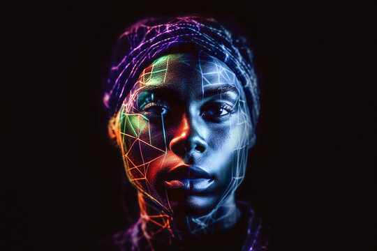 Generative AI illustration portrait of African American woman in hat with neon lights on face on black background