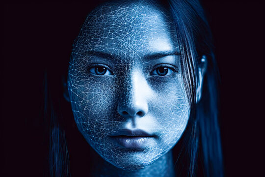 Generative AI Illustration Portrait Of Young Woman With Long Dark Hair In Blue Light With Net On Face Looking At Camera On Black Background