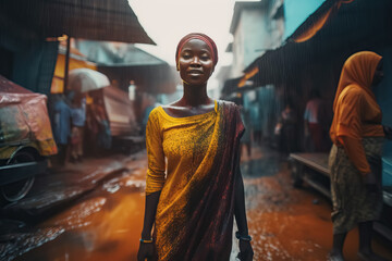 Generative AI illustration of smiling African American woman in dirty dress and headscarf standing on muddy street between shabby buildings and looking at camera
