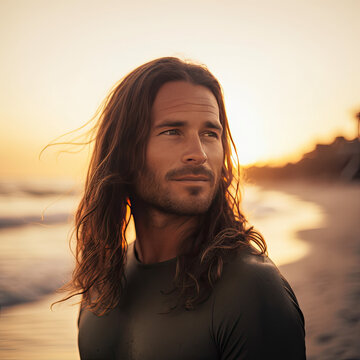 Generative AI illustration portrait of adult male surfer with long hair standing on beach at sunset and looking away