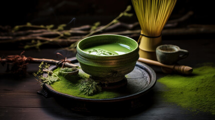 Matcha tea with kettle and whisk on dark surface