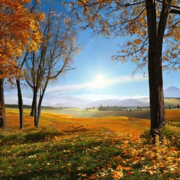 Sunny autumn landscape with trees