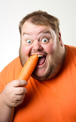 A fat overweight man is on a diet, eating a carrot as a snack, he is cheerful and smiling
