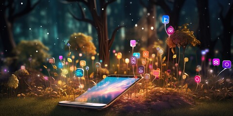 Smartphone with social media icons sprouting into a vibrant digital forest , concept of Seamless connectivity, created with Generative AI technology