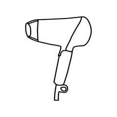 Black hair dryer on a blue background close-up top view.