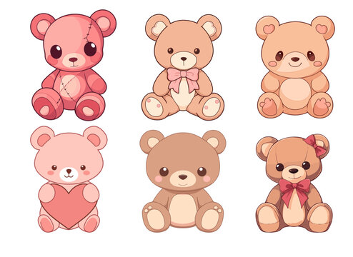 vector illustration set of cartoon teddy bear characters happy brown and pink