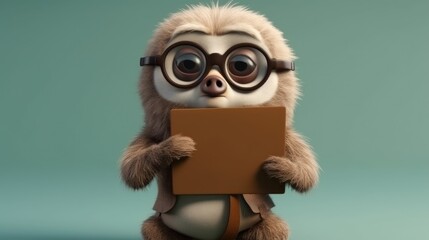 Fototapeta premium Cute cartoon sloth holding a blank sign. Created with Generative AI.
