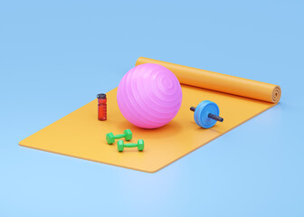 Fitness 3d render illustration - woman dumbbell, realistic water red bottle and pink fit ball on yellow yoga mat