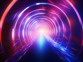 Obraz premium An Abstract Portal Tunnel Featuring Glowing Pink and Blue Neon Waves, High-Speed Moving Lines, and Dazzling Bokeh Lights Generative ai