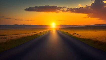 Fototapeta na wymiar sunset on the road over blurred sunset sky. AI Generated.