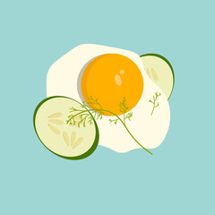 A painted fried egg with an orange yolk lies on slices of a crispy green cucumber on a blue background, a traditional healthy protein breakfast of a sportsman or fitness lady