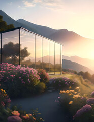 modern glass house on the top of the mountain at sunset. AI Generated.