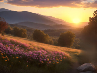 Beautiful sunset landscape with flowers field over the mountain in sunset. AI Generated.