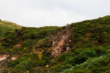 Furnas do Enxofre a foggy day of summer. Terceira Island, Azores, Portugal