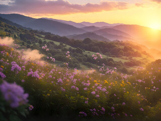 Beautiful sunset landscape with flowers field over the mountain in sunset. AI Generated.