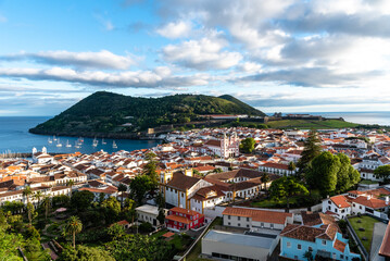 Panoramic Aerial View of the old Town, the port and the Fortress of Angra do Heroismo, Terceira Island, Portugal - 625229268