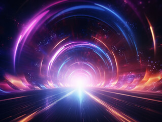 Naklejka premium An Abstract Portal Tunnel Featuring Glowing Pink and Blue Neon Waves, High-Speed Moving Lines, and Dazzling Bokeh Lights Generative ai