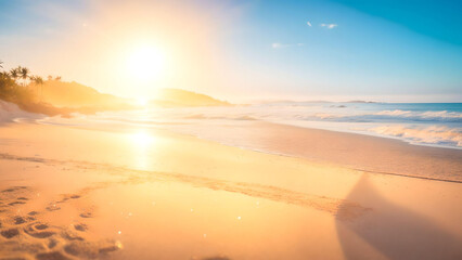 Fototapeta na wymiar landscape of summer sand beach over sunset sky warm light background. AI Generated
