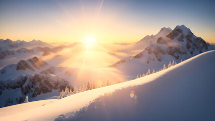 Beautiful sunset landscape winter forest snow mountain  . AI Generated.