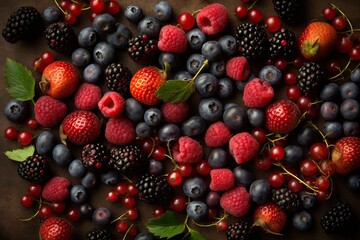 Summer fresh ripe berries, raspberries, strawberries, blueberries, blackberries, top view.