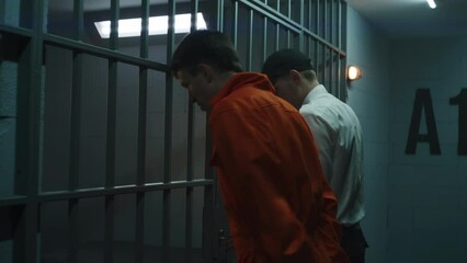 Prison officer opens prison cell. Male prisoner in orange uniform and jailer fight. Criminals steal keys, escape from jail or detention center. Editing action movie scene for TV screen. Movie making.