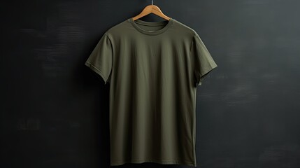 Olive t-shirt on a hanger photo realistic illustration - Generative AI.