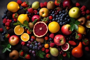 Naklejka na ściany i meble Organic fresh berries and fruits, top view. Vitamin set.