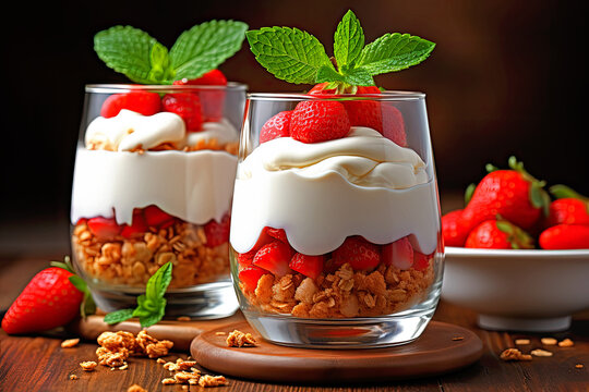 Healthy breakfast of strawberry parfaits made with fresh fruit, yogurt and granola over a rustic white table.