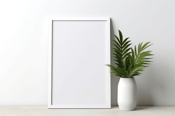 An blank white wooden frame stands on a shelf, portrait, mockup, generative AI