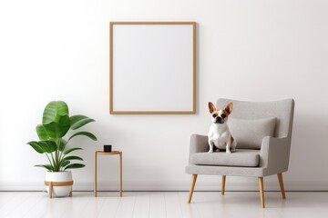A blank frame hanging on a wall above a grey armchair and a dog on it,  brown wooden frame, portrait, model, generative AI