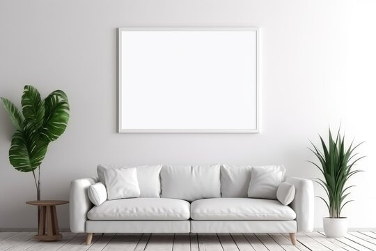 A large white blank picture frame hangs over a large white sofa, mockup, horizontal, landscape format, generative AI