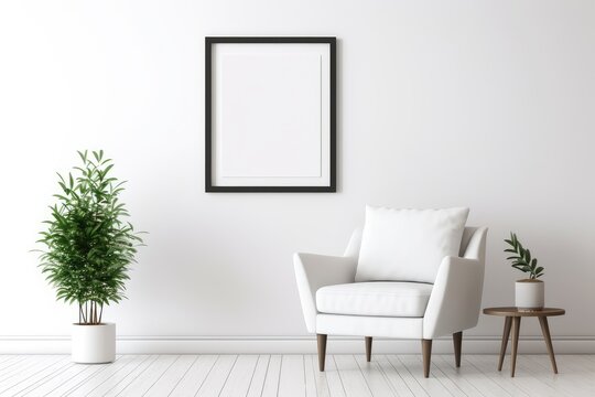 A blank frame hanging on a wall above a white armchair, black frame, portrait, model, generative AI