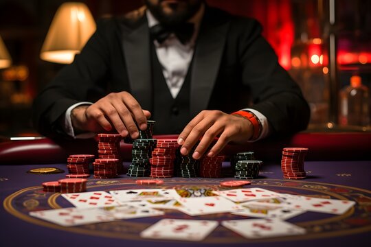 Close-up of a dealer's hands shuffling a deck of cards at a poker table. 
The image captures the skill and dexterity of casino workers in a high-stakes environment.