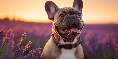 AI Generated. AI Generative. Frenchie french bulldog dog cute face portrait at lavender field countryside outdoor nature friend pet view - obrazy, fototapety, plakaty