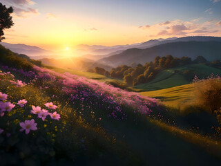 Fototapeta na wymiar Beautiful sunset landscape with flowers field over the mountain in sunset. AI Generated.