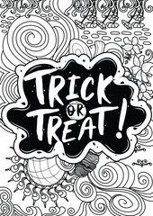  trick or treat ! Halloween Coloring page, Halloween Quotes typography Coloring page design.