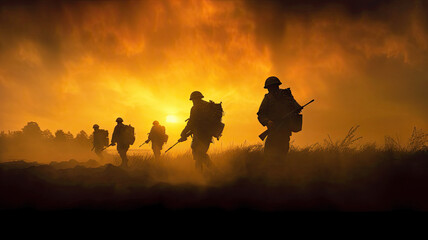 Fototapeta na wymiar portrait photograph of Silhouettes of army soldiers in the fog against a sunset,